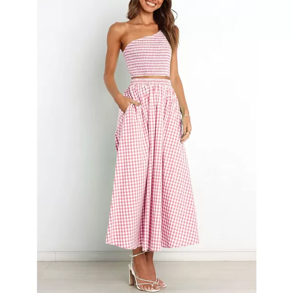 imageANRABESS Womens 2 Pieces Outfits One Shoulder Smocked Crop Top amp High Waist Long Skirt Dress Set with PocketsPlaid Pink