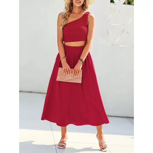 imageANRABESS Womens 2 Pieces Outfits One Shoulder Smocked Crop Top amp High Waist Long Skirt Dress Set with PocketsRed