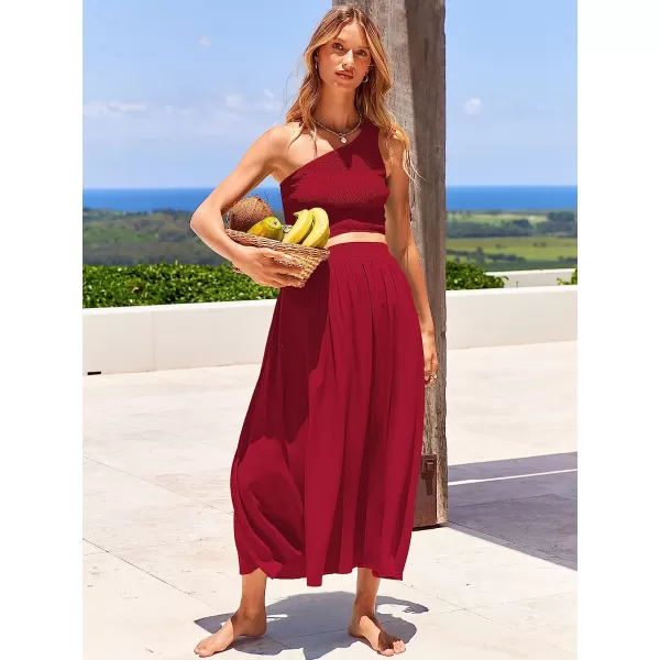 imageANRABESS Womens 2 Pieces Outfits One Shoulder Smocked Crop Top amp High Waist Long Skirt Dress Set with PocketsRed