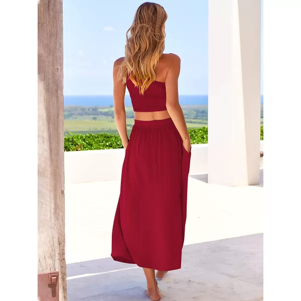 imageANRABESS Womens 2 Pieces Outfits One Shoulder Smocked Crop Top amp High Waist Long Skirt Dress Set with PocketsRed