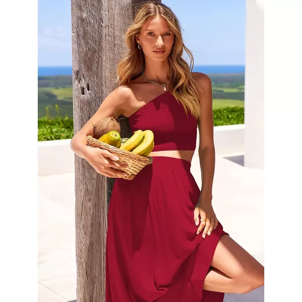 imageANRABESS Womens 2 Pieces Outfits One Shoulder Smocked Crop Top amp High Waist Long Skirt Dress Set with PocketsRed