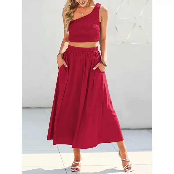 imageANRABESS Womens 2 Pieces Outfits One Shoulder Smocked Crop Top amp High Waist Long Skirt Dress Set with PocketsRed