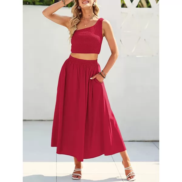 imageANRABESS Womens 2 Pieces Outfits One Shoulder Smocked Crop Top amp High Waist Long Skirt Dress Set with PocketsRed