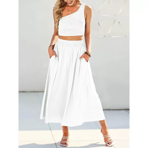 imageANRABESS Womens 2 Pieces Outfits One Shoulder Smocked Crop Top amp High Waist Long Skirt Dress Set with PocketsWhite