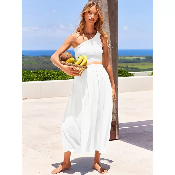 imageANRABESS Womens 2 Pieces Outfits One Shoulder Smocked Crop Top amp High Waist Long Skirt Dress Set with PocketsWhite