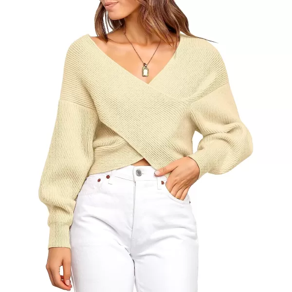 imageANRABESS Womens 2022 Fall Fashion Long Sleeve Off Shoulder Crissover V Neck Knit Cropped Sweater TopAlmond