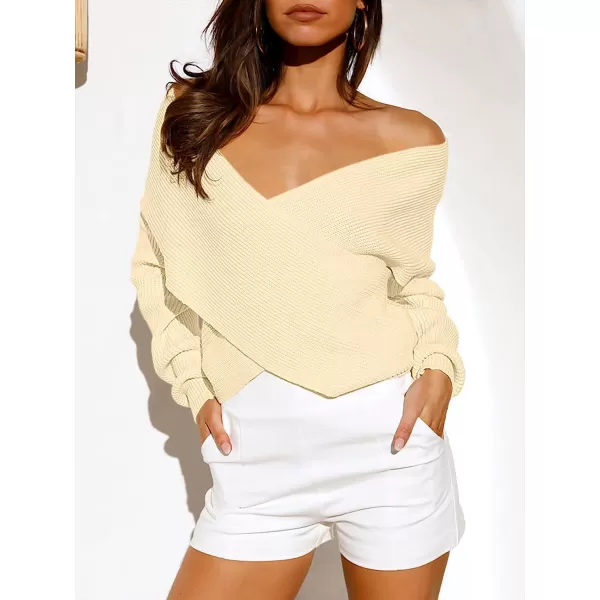 imageANRABESS Womens 2022 Fall Fashion Long Sleeve Off Shoulder Crissover V Neck Knit Cropped Sweater TopAlmond