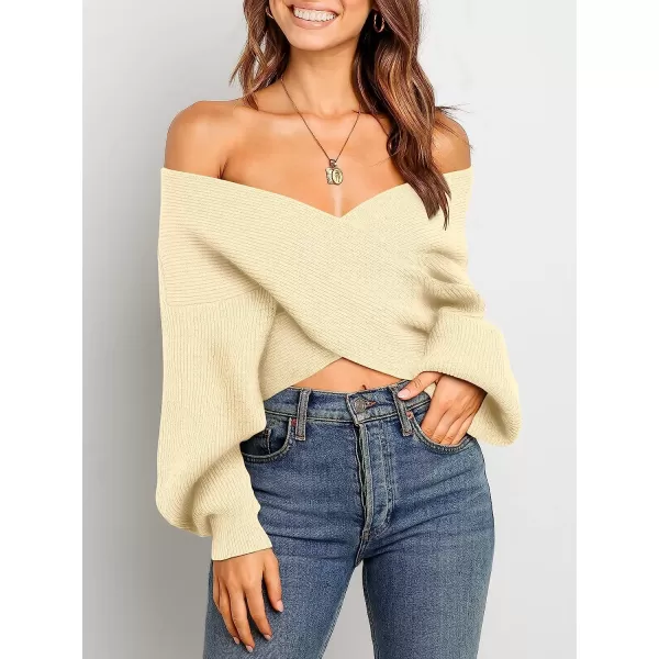 imageANRABESS Womens 2022 Fall Fashion Long Sleeve Off Shoulder Crissover V Neck Knit Cropped Sweater TopAlmond