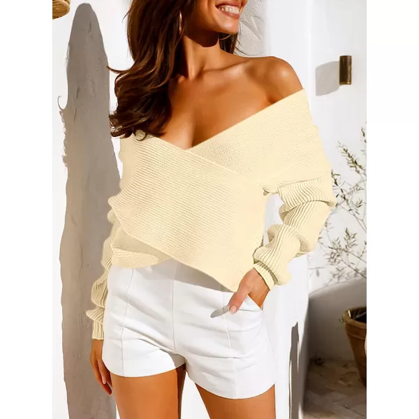 imageANRABESS Womens 2022 Fall Fashion Long Sleeve Off Shoulder Crissover V Neck Knit Cropped Sweater TopAlmond