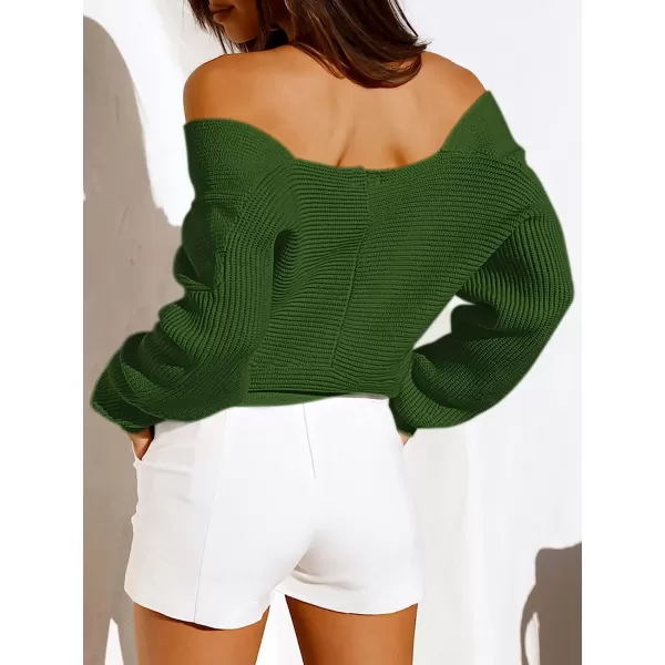 imageANRABESS Womens 2022 Fall Fashion Long Sleeve Off Shoulder Crissover V Neck Knit Cropped Sweater TopArmy Green