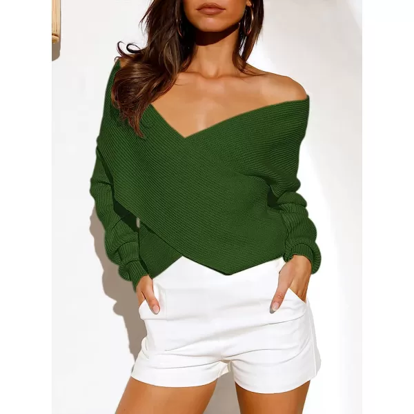 imageANRABESS Womens 2022 Fall Fashion Long Sleeve Off Shoulder Crissover V Neck Knit Cropped Sweater TopArmy Green