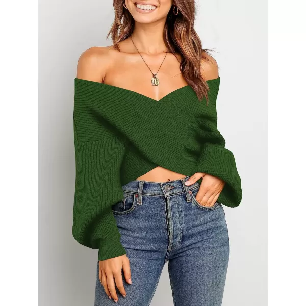 imageANRABESS Womens 2022 Fall Fashion Long Sleeve Off Shoulder Crissover V Neck Knit Cropped Sweater TopArmy Green