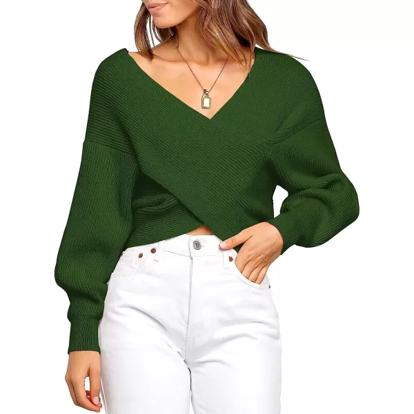 imageANRABESS Womens 2022 Fall Fashion Long Sleeve Off Shoulder Crissover V Neck Knit Cropped Sweater TopArmy Green