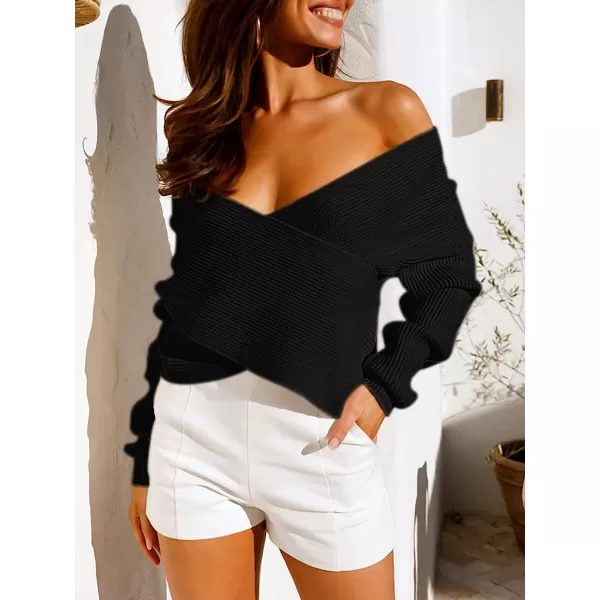 imageANRABESS Womens 2022 Fall Fashion Long Sleeve Off Shoulder Crissover V Neck Knit Cropped Sweater TopBlack
