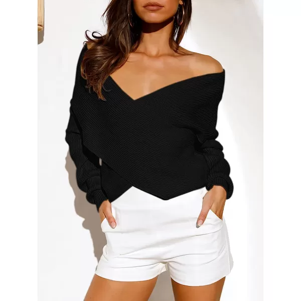 imageANRABESS Womens 2022 Fall Fashion Long Sleeve Off Shoulder Crissover V Neck Knit Cropped Sweater TopBlack