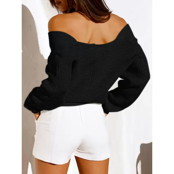 imageANRABESS Womens 2022 Fall Fashion Long Sleeve Off Shoulder Crissover V Neck Knit Cropped Sweater TopBlack
