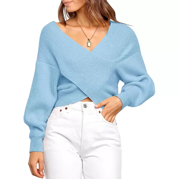 imageANRABESS Womens 2022 Fall Fashion Long Sleeve Off Shoulder Crissover V Neck Knit Cropped Sweater TopBlue