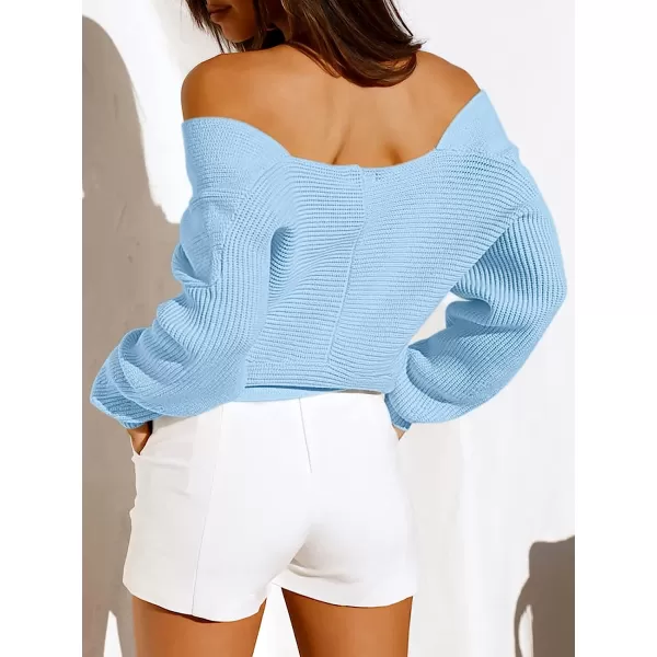 imageANRABESS Womens 2022 Fall Fashion Long Sleeve Off Shoulder Crissover V Neck Knit Cropped Sweater TopBlue