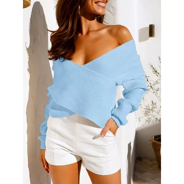 imageANRABESS Womens 2022 Fall Fashion Long Sleeve Off Shoulder Crissover V Neck Knit Cropped Sweater TopBlue