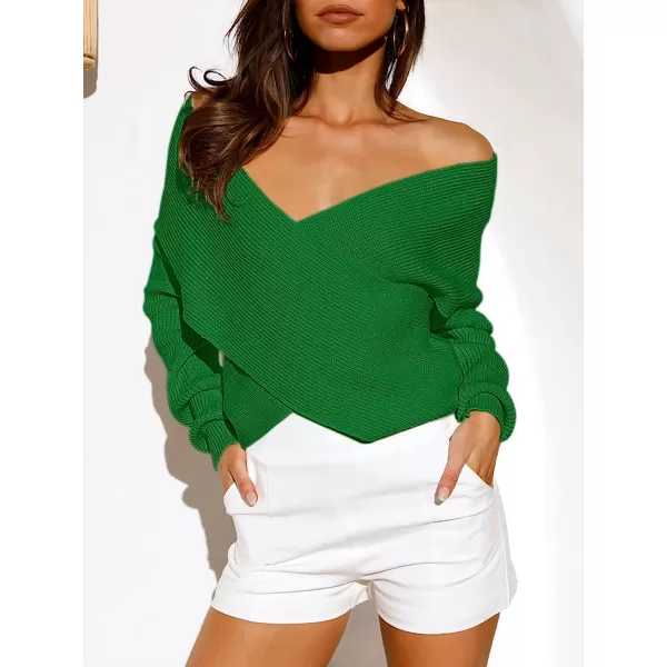 imageANRABESS Womens 2022 Fall Fashion Long Sleeve Off Shoulder Crissover V Neck Knit Cropped Sweater TopBv Green