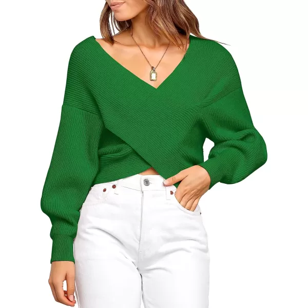 imageANRABESS Womens 2022 Fall Fashion Long Sleeve Off Shoulder Crissover V Neck Knit Cropped Sweater TopBv Green