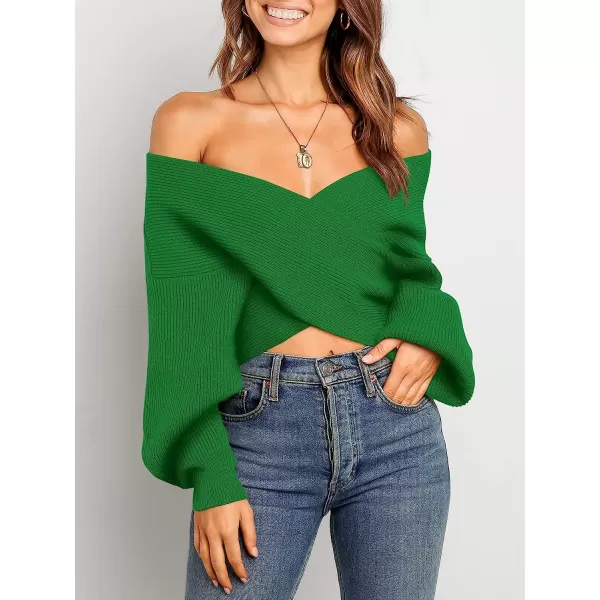 imageANRABESS Womens 2022 Fall Fashion Long Sleeve Off Shoulder Crissover V Neck Knit Cropped Sweater TopBv Green