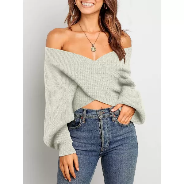 imageANRABESS Womens 2022 Fall Fashion Long Sleeve Off Shoulder Crissover V Neck Knit Cropped Sweater TopGray