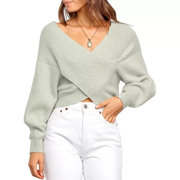 imageANRABESS Womens 2022 Fall Fashion Long Sleeve Off Shoulder Crissover V Neck Knit Cropped Sweater TopGray
