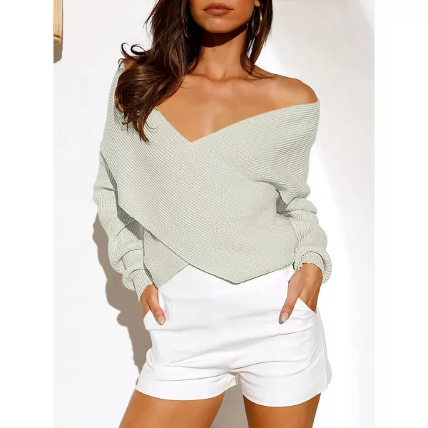 imageANRABESS Womens 2022 Fall Fashion Long Sleeve Off Shoulder Crissover V Neck Knit Cropped Sweater TopGray