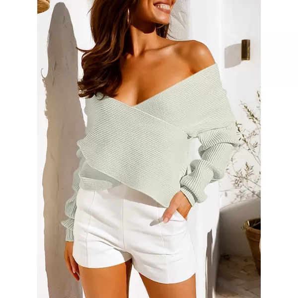 imageANRABESS Womens 2022 Fall Fashion Long Sleeve Off Shoulder Crissover V Neck Knit Cropped Sweater TopGray