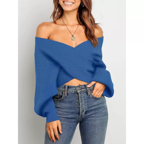 imageANRABESS Womens 2022 Fall Fashion Long Sleeve Off Shoulder Crissover V Neck Knit Cropped Sweater TopIndigo