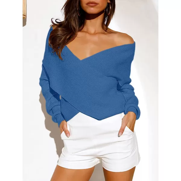 imageANRABESS Womens 2022 Fall Fashion Long Sleeve Off Shoulder Crissover V Neck Knit Cropped Sweater TopIndigo