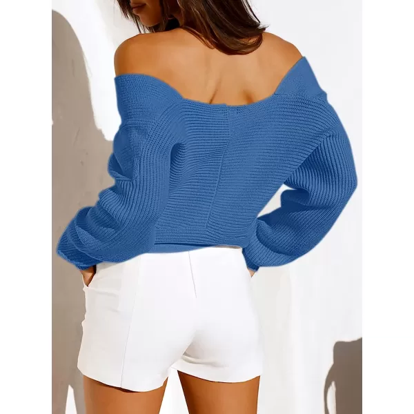 imageANRABESS Womens 2022 Fall Fashion Long Sleeve Off Shoulder Crissover V Neck Knit Cropped Sweater TopIndigo