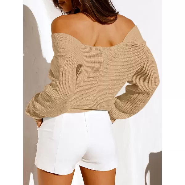 imageANRABESS Womens 2022 Fall Fashion Long Sleeve Off Shoulder Crissover V Neck Knit Cropped Sweater TopKhaki