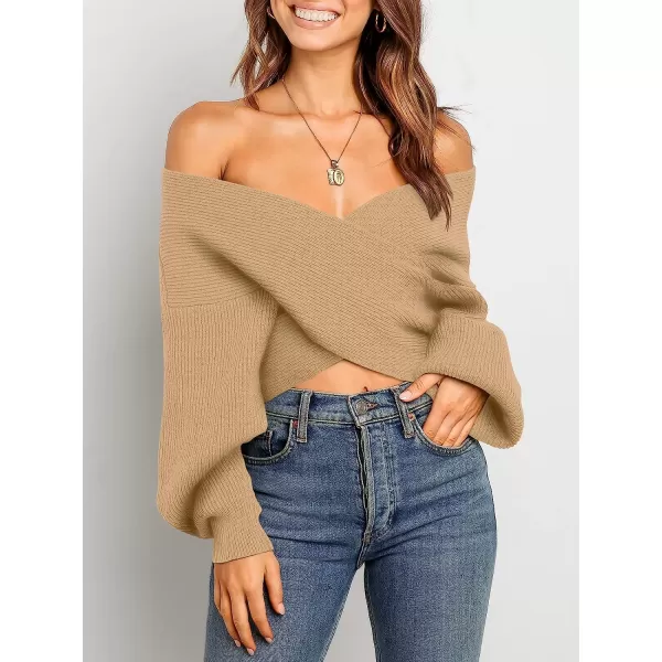 imageANRABESS Womens 2022 Fall Fashion Long Sleeve Off Shoulder Crissover V Neck Knit Cropped Sweater TopKhaki