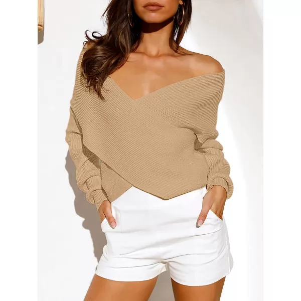 imageANRABESS Womens 2022 Fall Fashion Long Sleeve Off Shoulder Crissover V Neck Knit Cropped Sweater TopKhaki