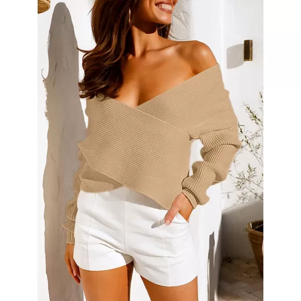 imageANRABESS Womens 2022 Fall Fashion Long Sleeve Off Shoulder Crissover V Neck Knit Cropped Sweater TopKhaki