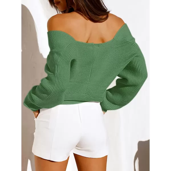 imageANRABESS Womens 2022 Fall Fashion Long Sleeve Off Shoulder Crissover V Neck Knit Cropped Sweater TopOlive