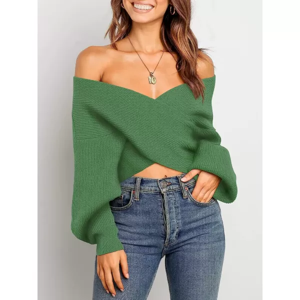 imageANRABESS Womens 2022 Fall Fashion Long Sleeve Off Shoulder Crissover V Neck Knit Cropped Sweater TopOlive
