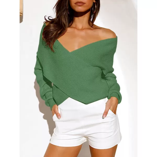 imageANRABESS Womens 2022 Fall Fashion Long Sleeve Off Shoulder Crissover V Neck Knit Cropped Sweater TopOlive