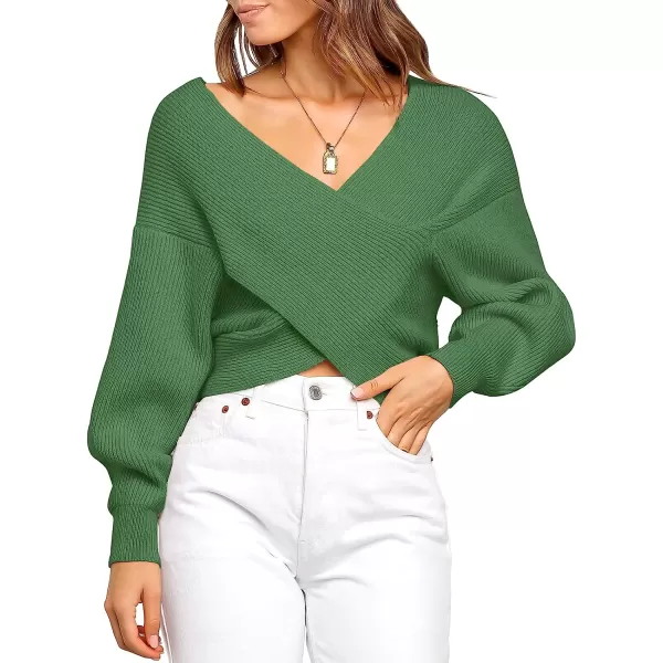 imageANRABESS Womens 2022 Fall Fashion Long Sleeve Off Shoulder Crissover V Neck Knit Cropped Sweater TopOlive