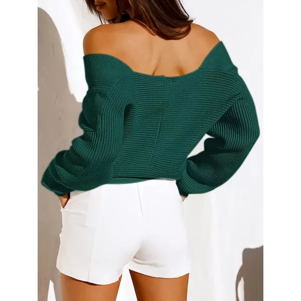 imageANRABESS Womens 2022 Fall Fashion Long Sleeve Off Shoulder Crissover V Neck Knit Cropped Sweater TopOpal Green