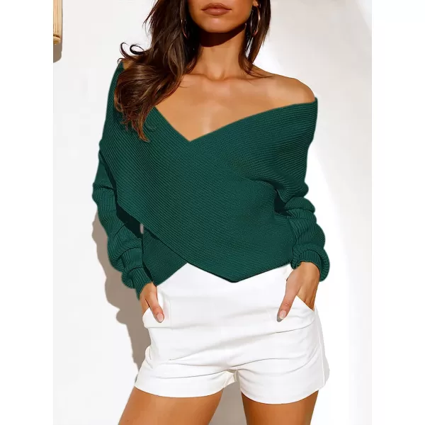 imageANRABESS Womens 2022 Fall Fashion Long Sleeve Off Shoulder Crissover V Neck Knit Cropped Sweater TopOpal Green