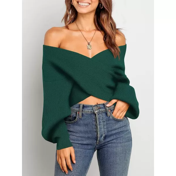 imageANRABESS Womens 2022 Fall Fashion Long Sleeve Off Shoulder Crissover V Neck Knit Cropped Sweater TopOpal Green