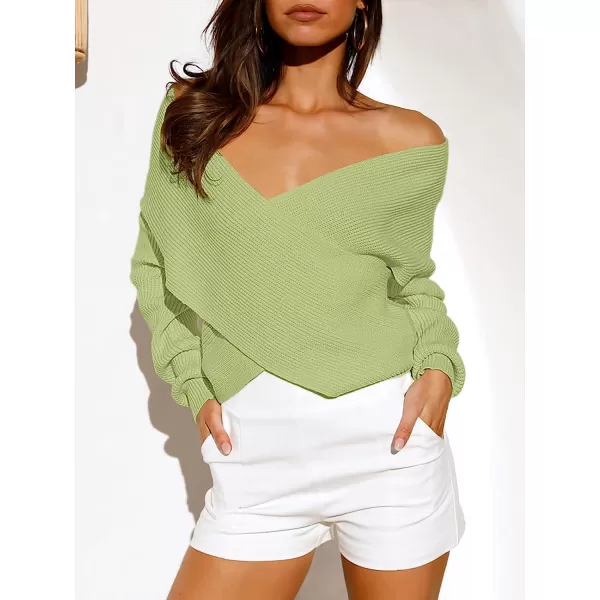 imageANRABESS Womens 2022 Fall Fashion Long Sleeve Off Shoulder Crissover V Neck Knit Cropped Sweater TopPea