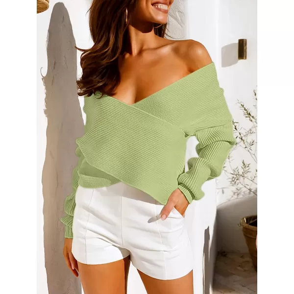 imageANRABESS Womens 2022 Fall Fashion Long Sleeve Off Shoulder Crissover V Neck Knit Cropped Sweater TopPea