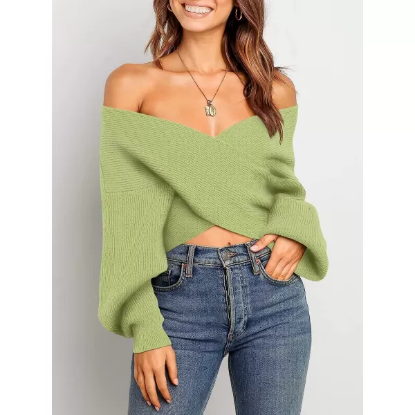 imageANRABESS Womens 2022 Fall Fashion Long Sleeve Off Shoulder Crissover V Neck Knit Cropped Sweater TopPea