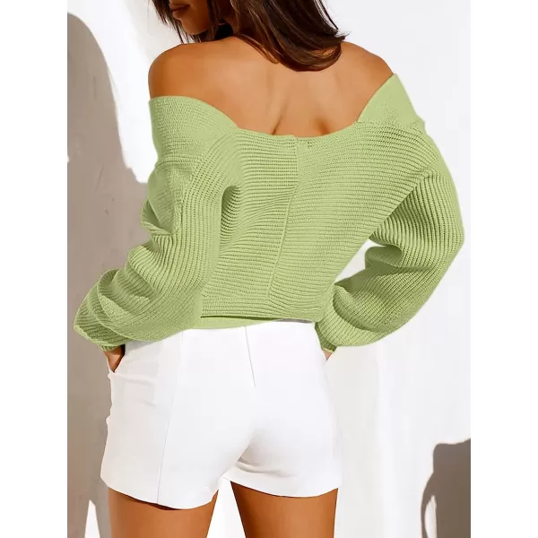 imageANRABESS Womens 2022 Fall Fashion Long Sleeve Off Shoulder Crissover V Neck Knit Cropped Sweater TopPea