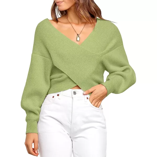 imageANRABESS Womens 2022 Fall Fashion Long Sleeve Off Shoulder Crissover V Neck Knit Cropped Sweater TopPea