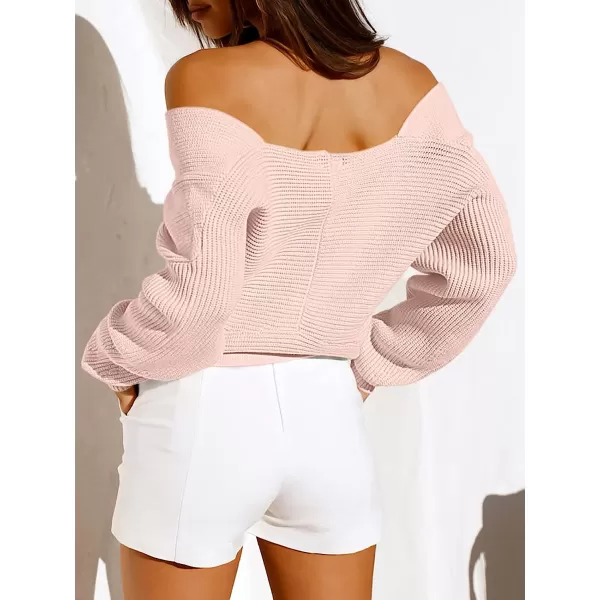imageANRABESS Womens 2022 Fall Fashion Long Sleeve Off Shoulder Crissover V Neck Knit Cropped Sweater TopPink